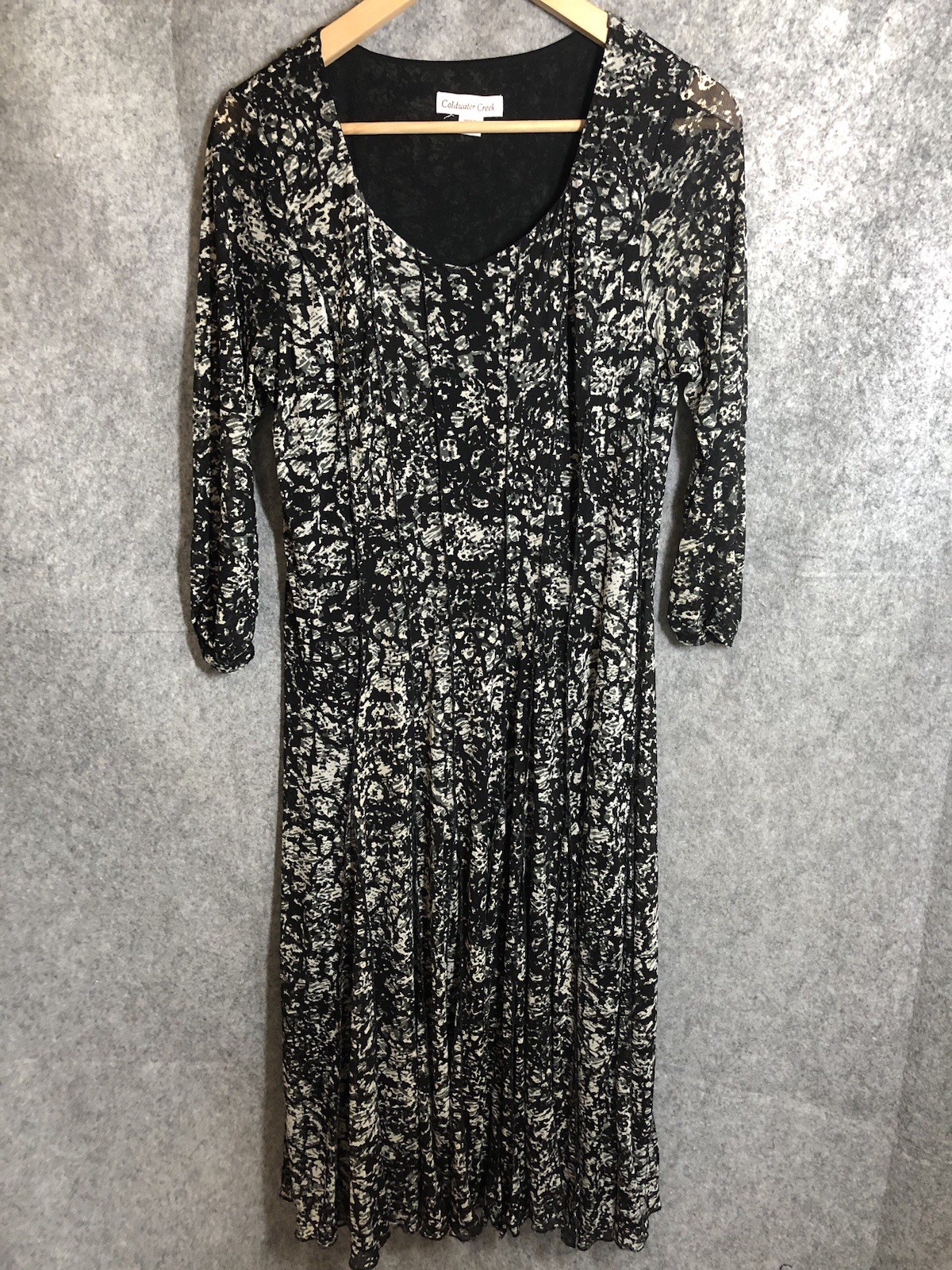 Coldwater Creek Dress Women’s XL Black Ivory Print Empire Waist Midi 3/4 Sleeve