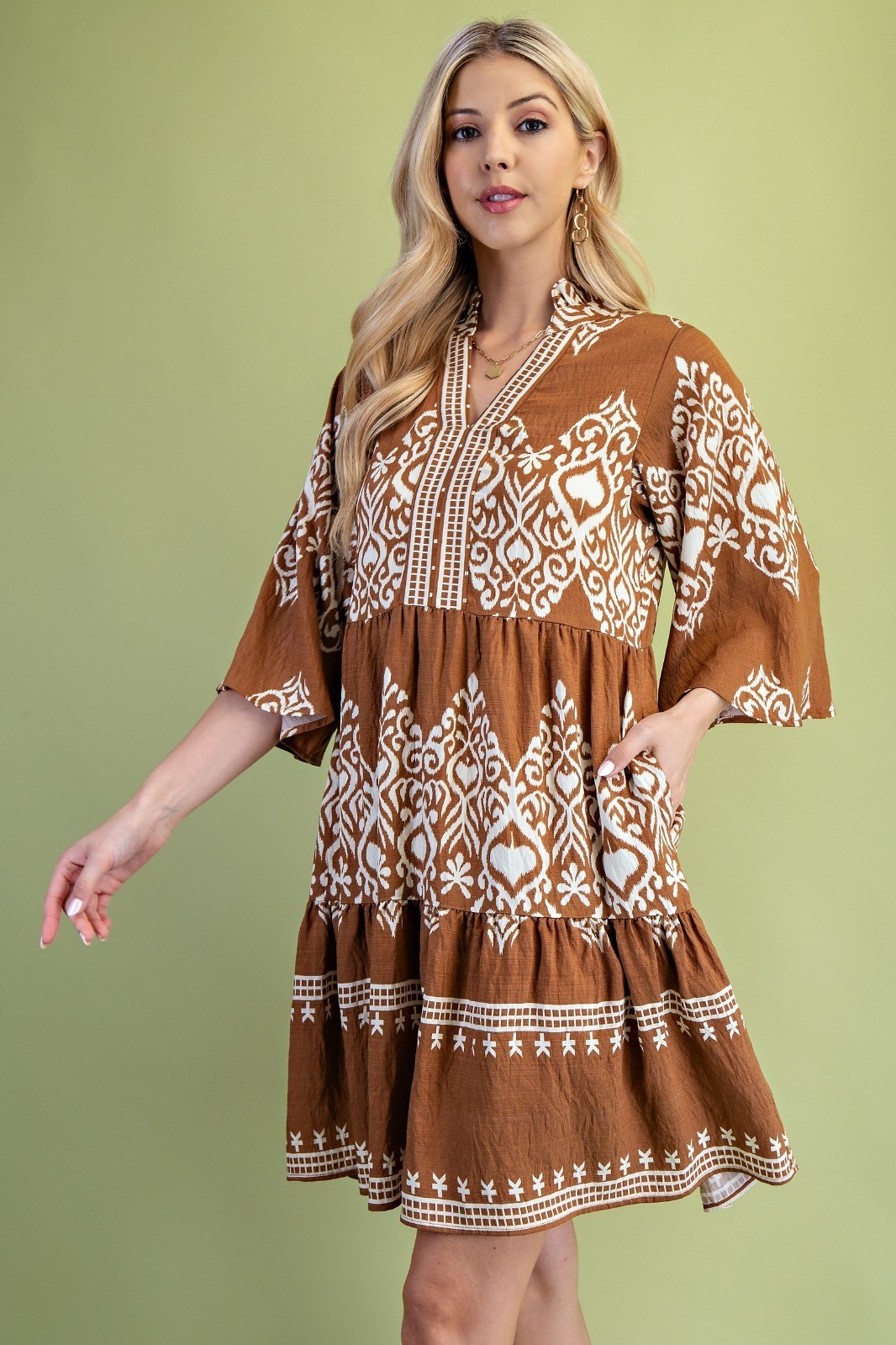 Gigio by Umgee Camel Printed Tiered Dress 3/4 Length Bell Sleeves Ruffled Neck