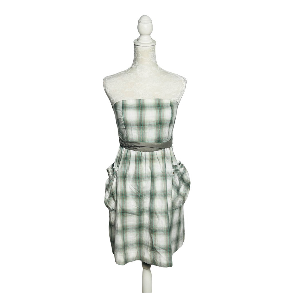 Red By Marc Ecko Womens Sheath Dress Green White Plaid Belted Y2K Strapless S