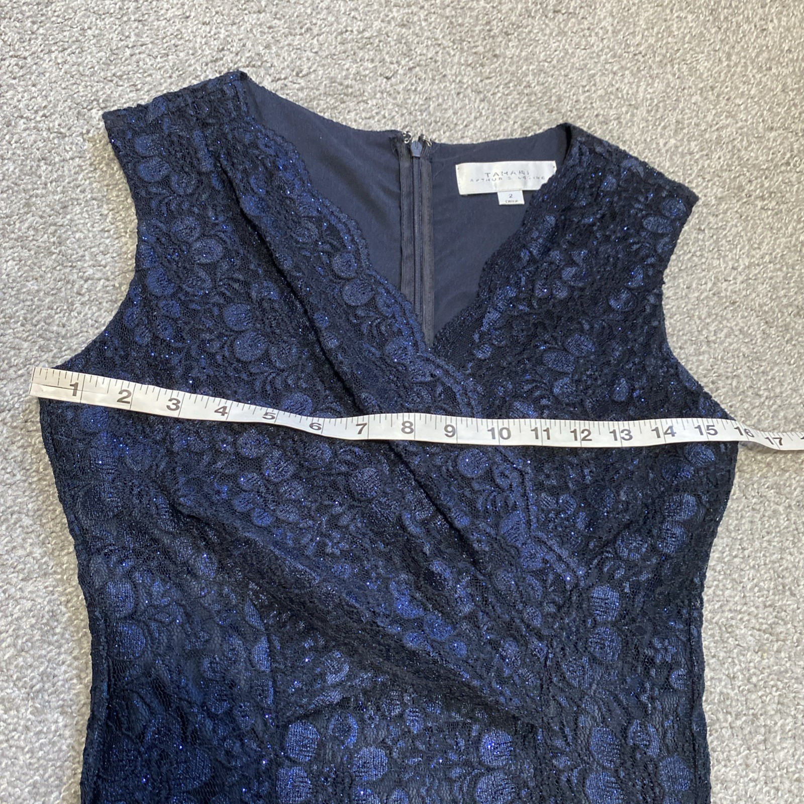 Tahari Arthur Levine Lace Maxi Dress Navy Shimmer Stretch Bodycon Evening wear 2