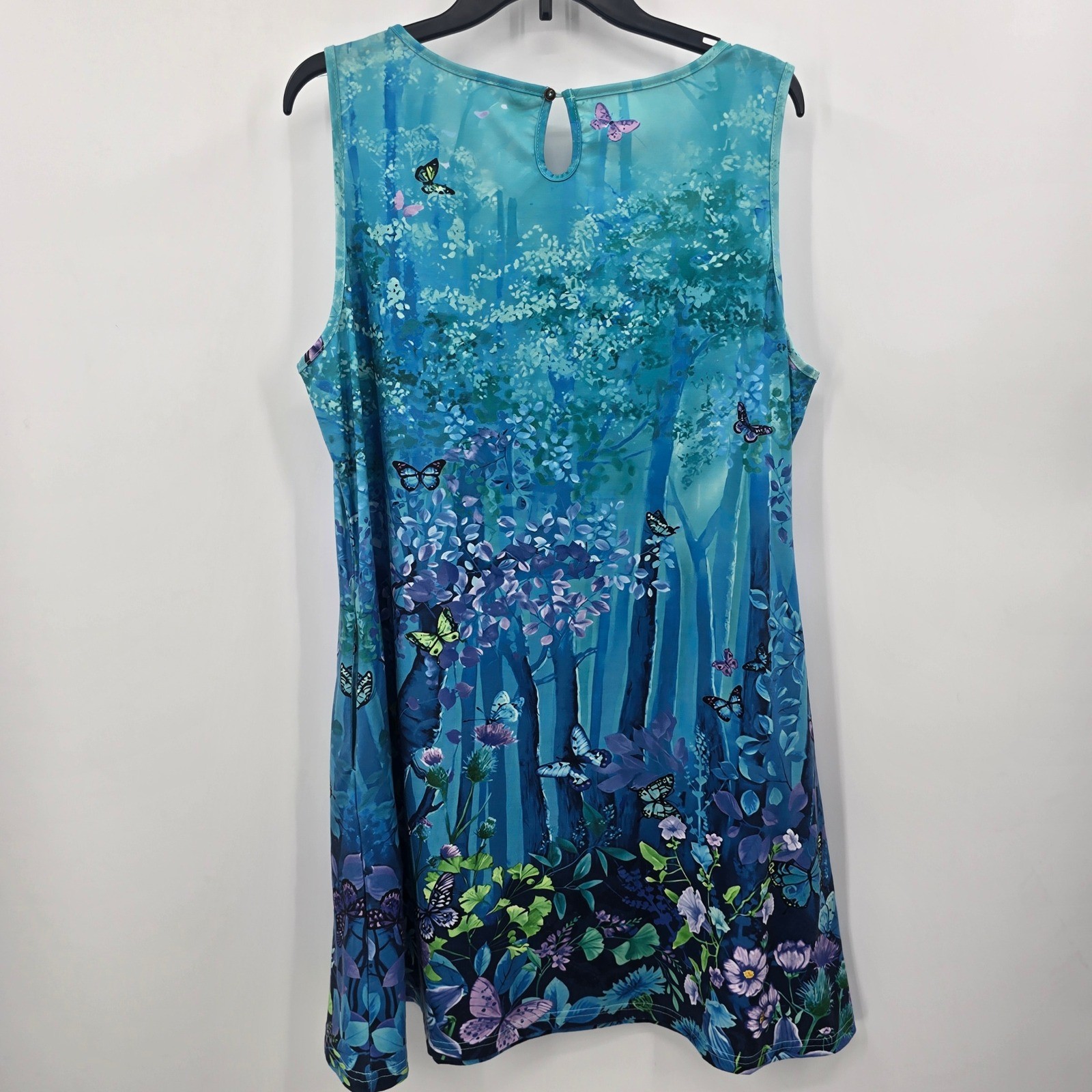 Enchanted Forest Butterfly Blue Dress Womens XL Keyhole Ring Neck Pockets