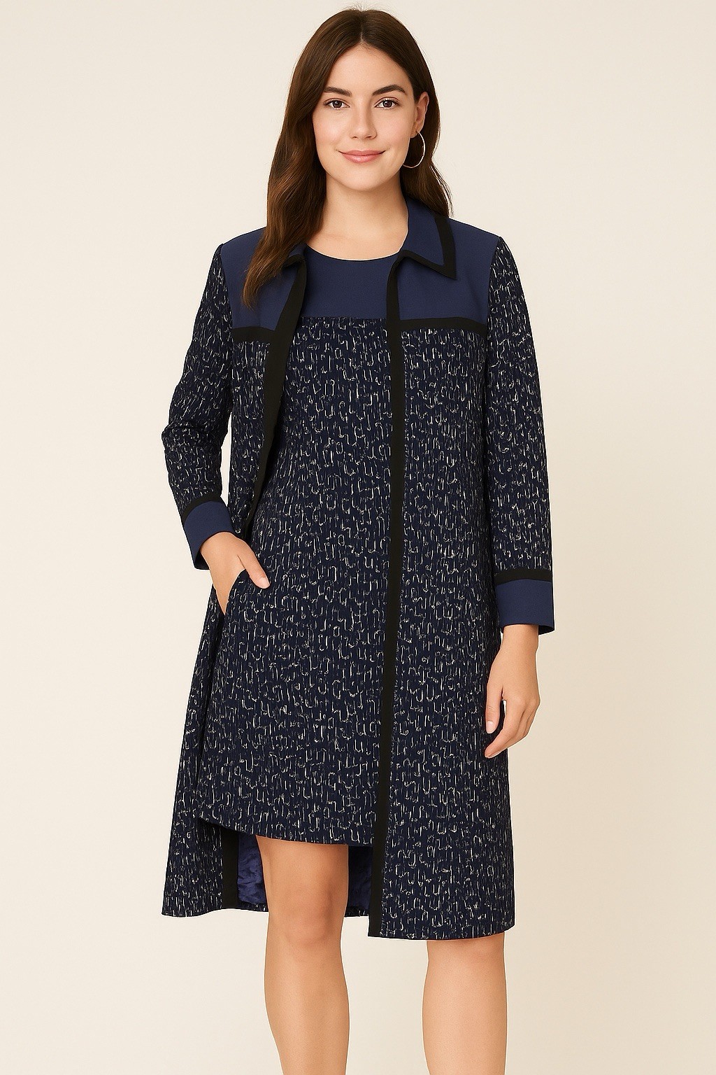 2 Piece Dress &Coat Set Navy Blue Jacquard Pattern s quiet Luxury Office Chic