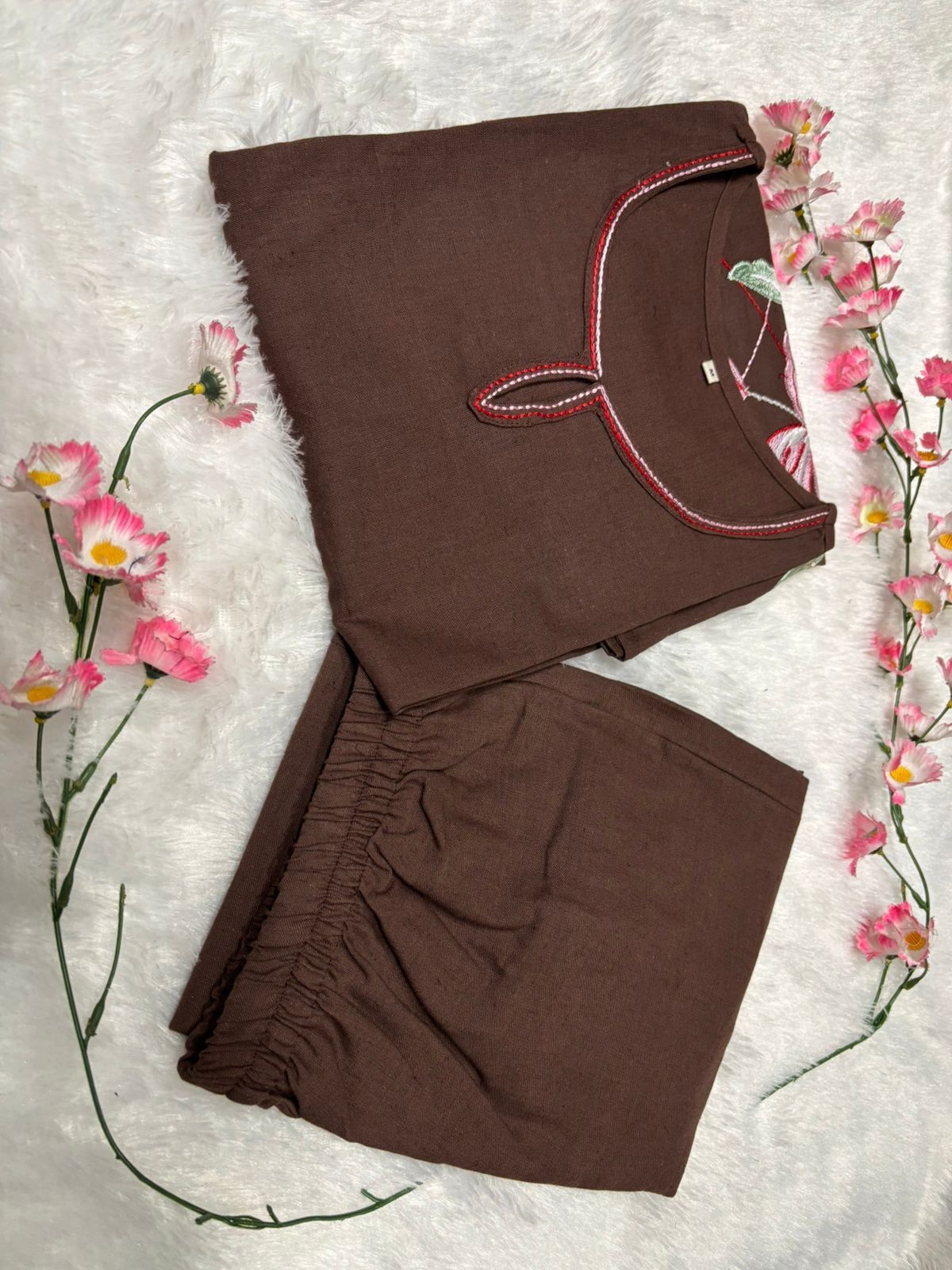 Women Brown Cotton Flex Co-Ord Set Embroidered Wark Kurti Pant Set Ethnic Wear