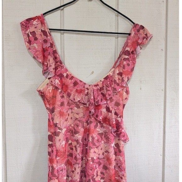 Mixed Threads Pink Floral Mesh Ruffle Asymmetrical Midi Dress Y2K Fairy Dainty M