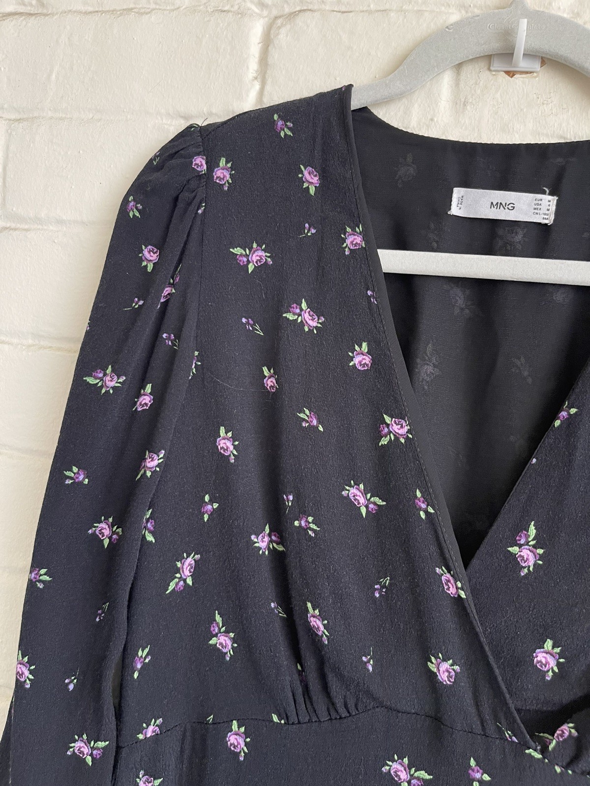 Mango MNG Black & Purple Floral Midi Dress M 3/4 Sleeve Viscose Dress Women’s