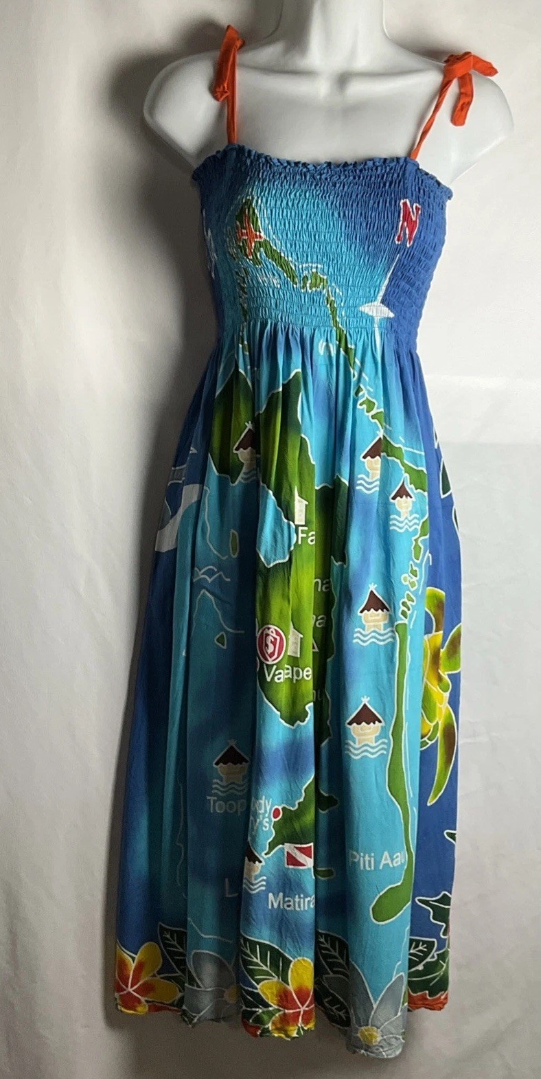 Bora Bora Womens Small Medium Tropical Map Sea Life Tie Shoulder Long Sundress