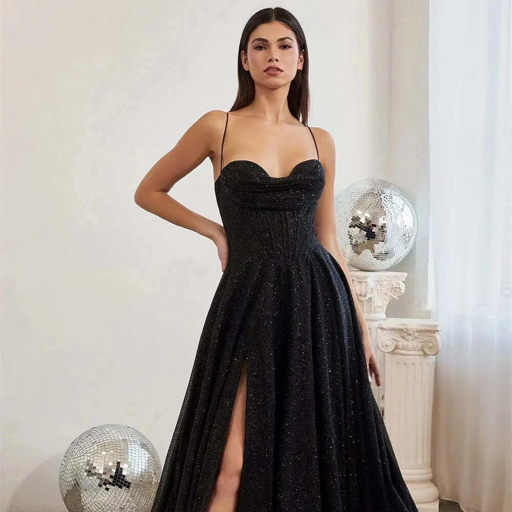 Sparkly Simple Spaghetti Tulle Evening Dresses Sweet Heart Ball Gown High-Split