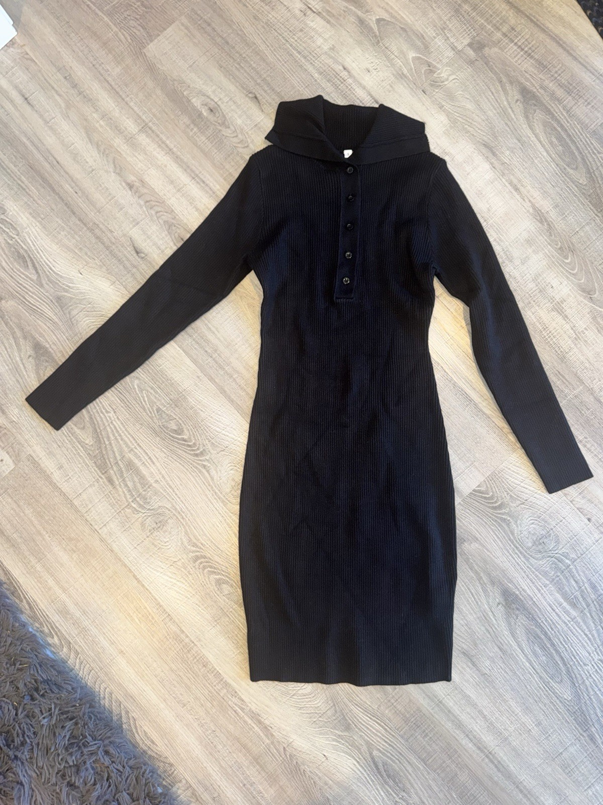 Womens Small Black Ribbed Bodycon Sweater Dress Collared Long Sleeve Midi