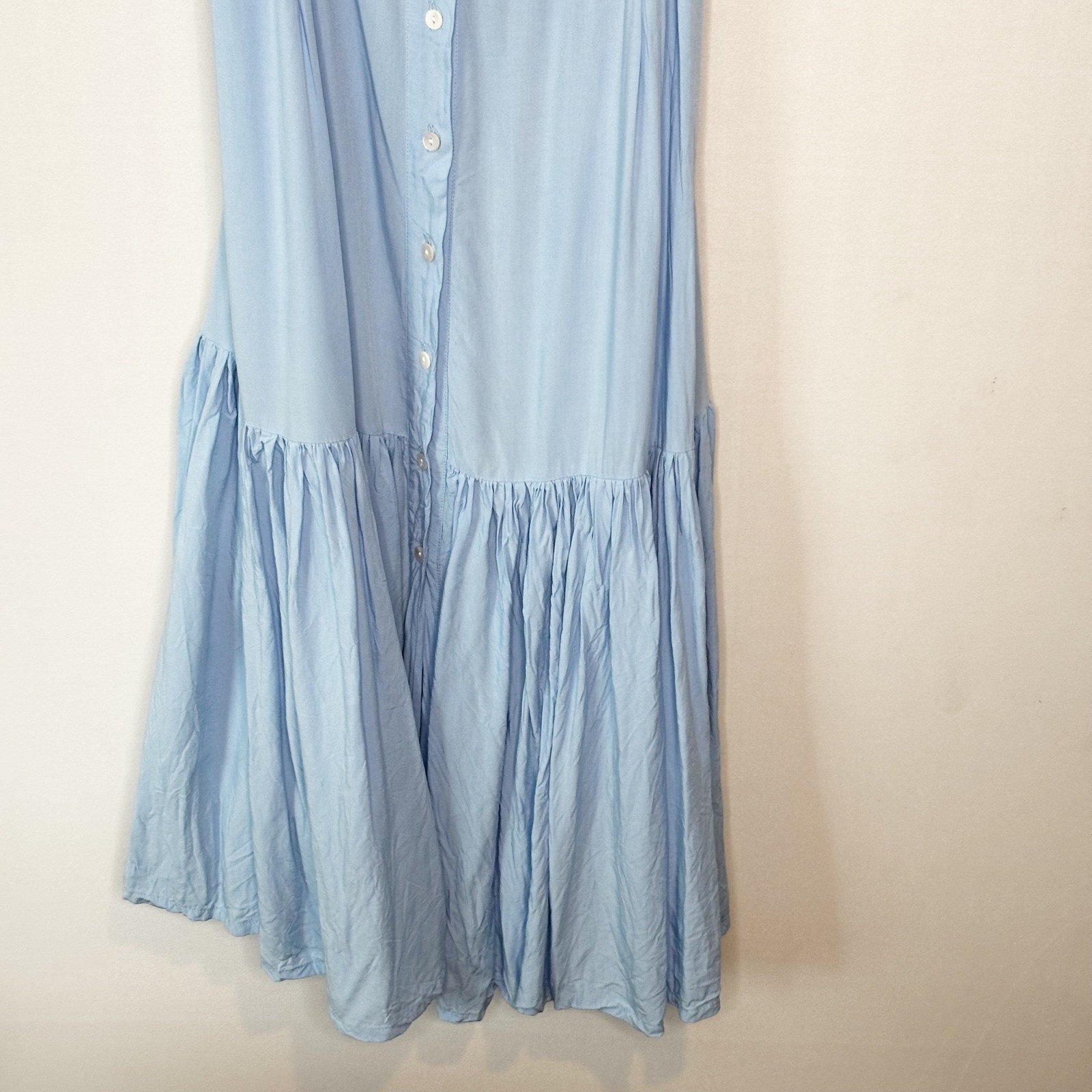 ELF Made By Hand Bali Blue Ruched Button Front Puff Sleeve Midi Dress Size XL
