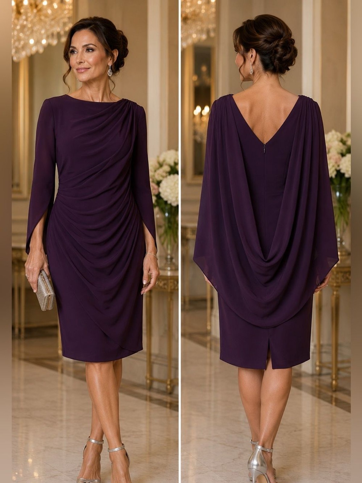 Betsy & Adam Aubergine Draped Cape Back Cocktail Dress 14 Ruched Sheath MOB