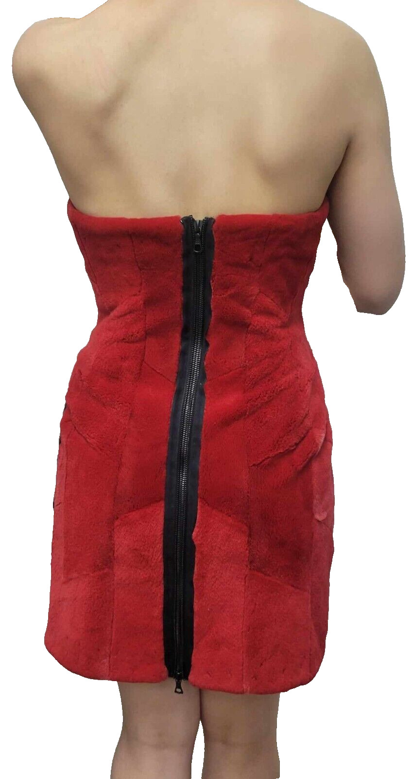 Vintage Red Shearling Fur Strapless Mini Dress w/ Beaded Leather Pocket Size M