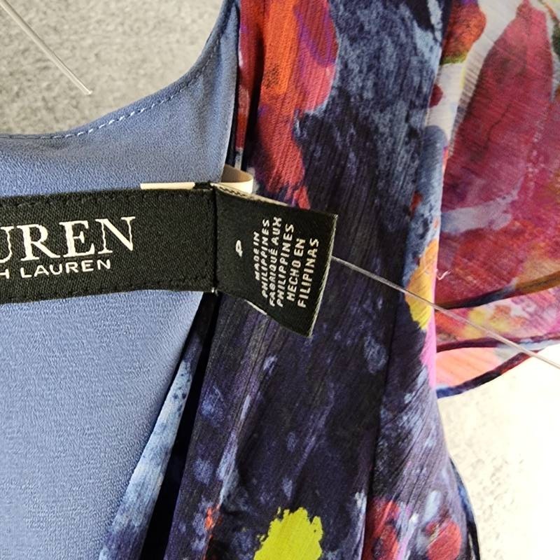Lauren Ralph Lauren Print Ruffle-Trim Crinkle Georgette Gown Womens 4 Blue Multi
