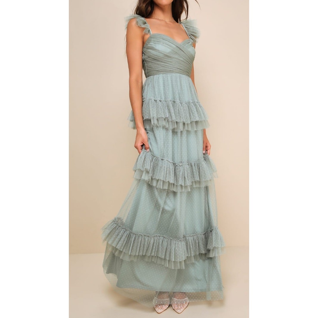 NWT Lulus Pure Radiance Sage Brush Mesh Swiss Dot Tiered Maxi Dress L