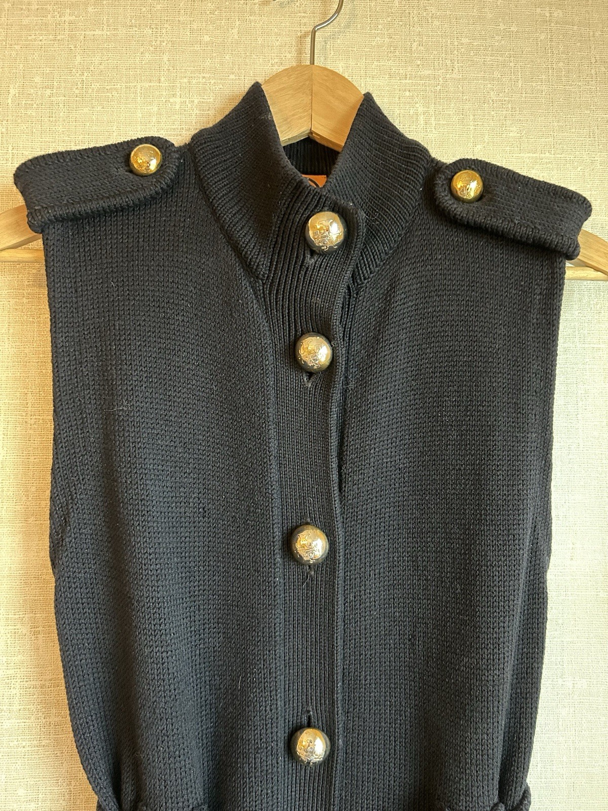 TORY BURCH Navy Sweater Dress Sleeveless 100% Merino Wool Gold Button Belt Small