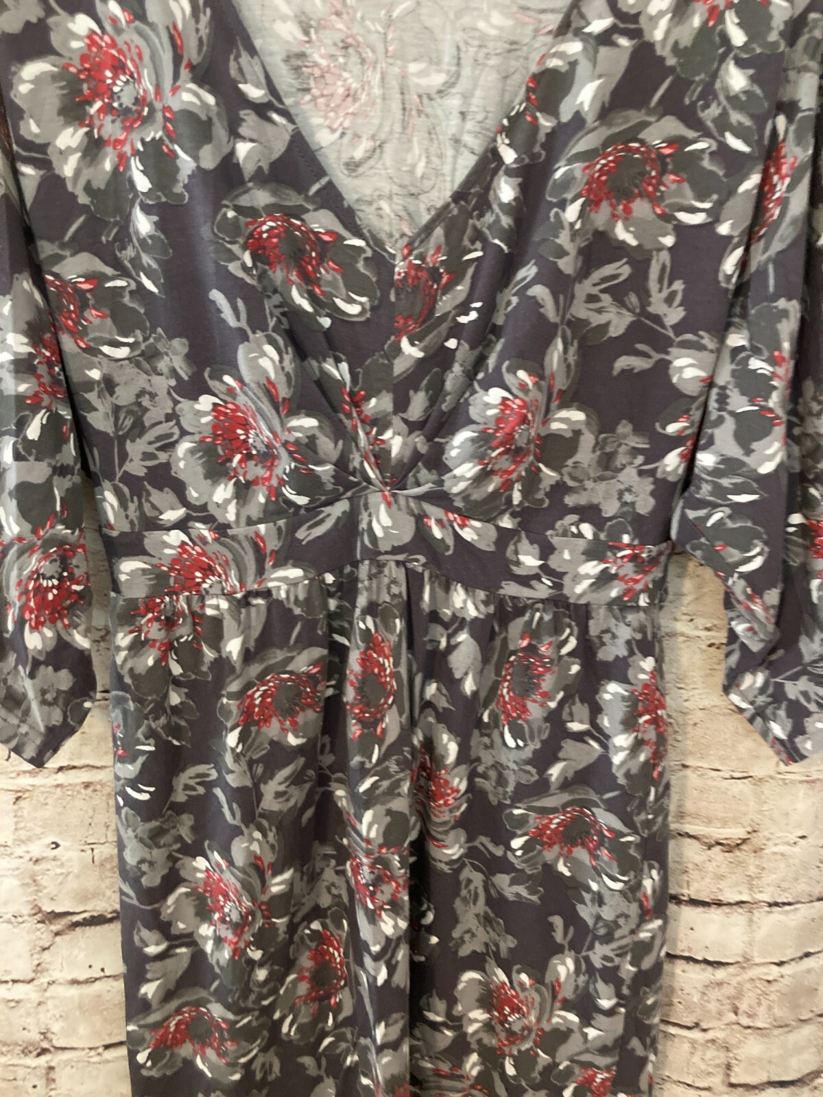 Garnet Hill Dress Womens Small Gray Floral A Line Midi Stretch Kimono Sleeve
