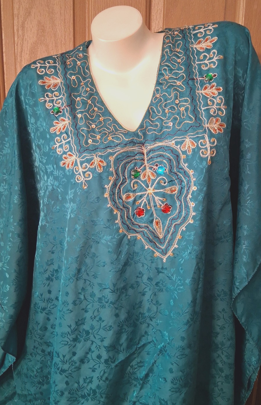Sante’ Classics Blue-Green Brocade Caftan Embroidered and Beaded One Size