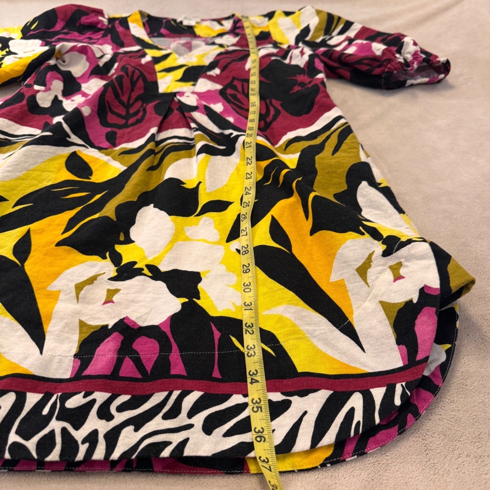 Tropical Floral Linen Blend Puff Sleeve Resort Boho Dress Summer SZ M
