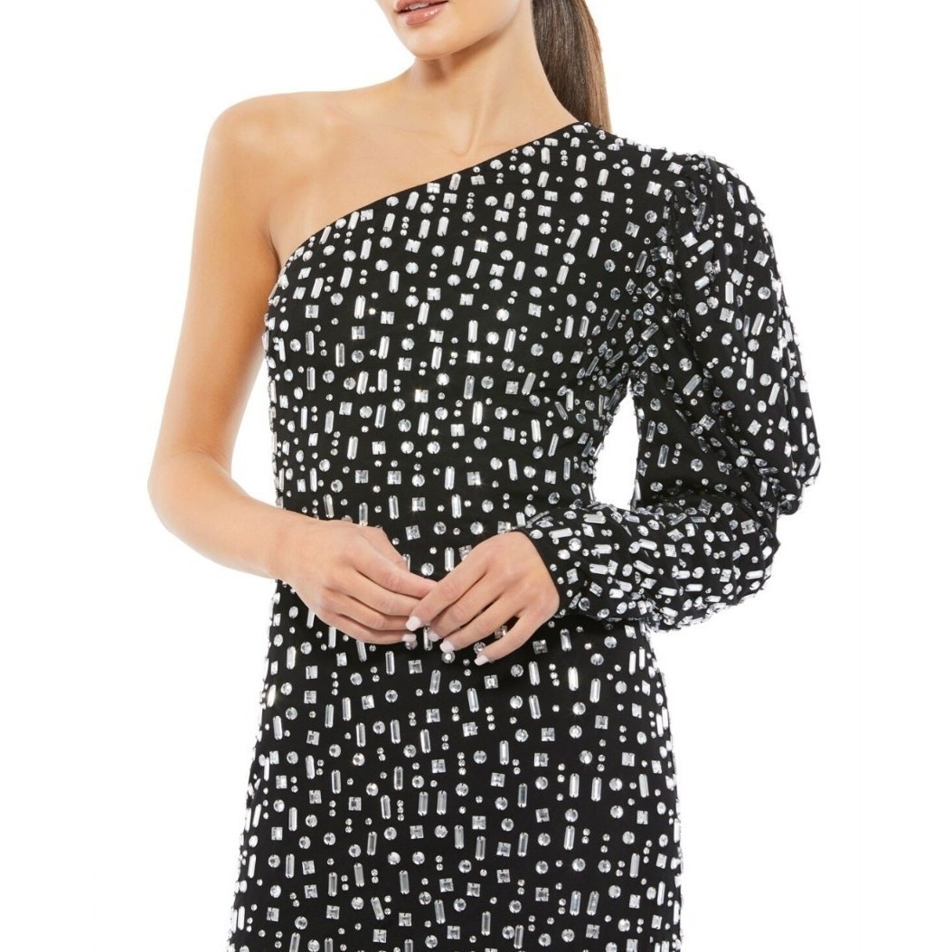 Mac Duggal One Shoulder Black Silver Crystal Puff Sleeve Back Slit Gown 8 NWT