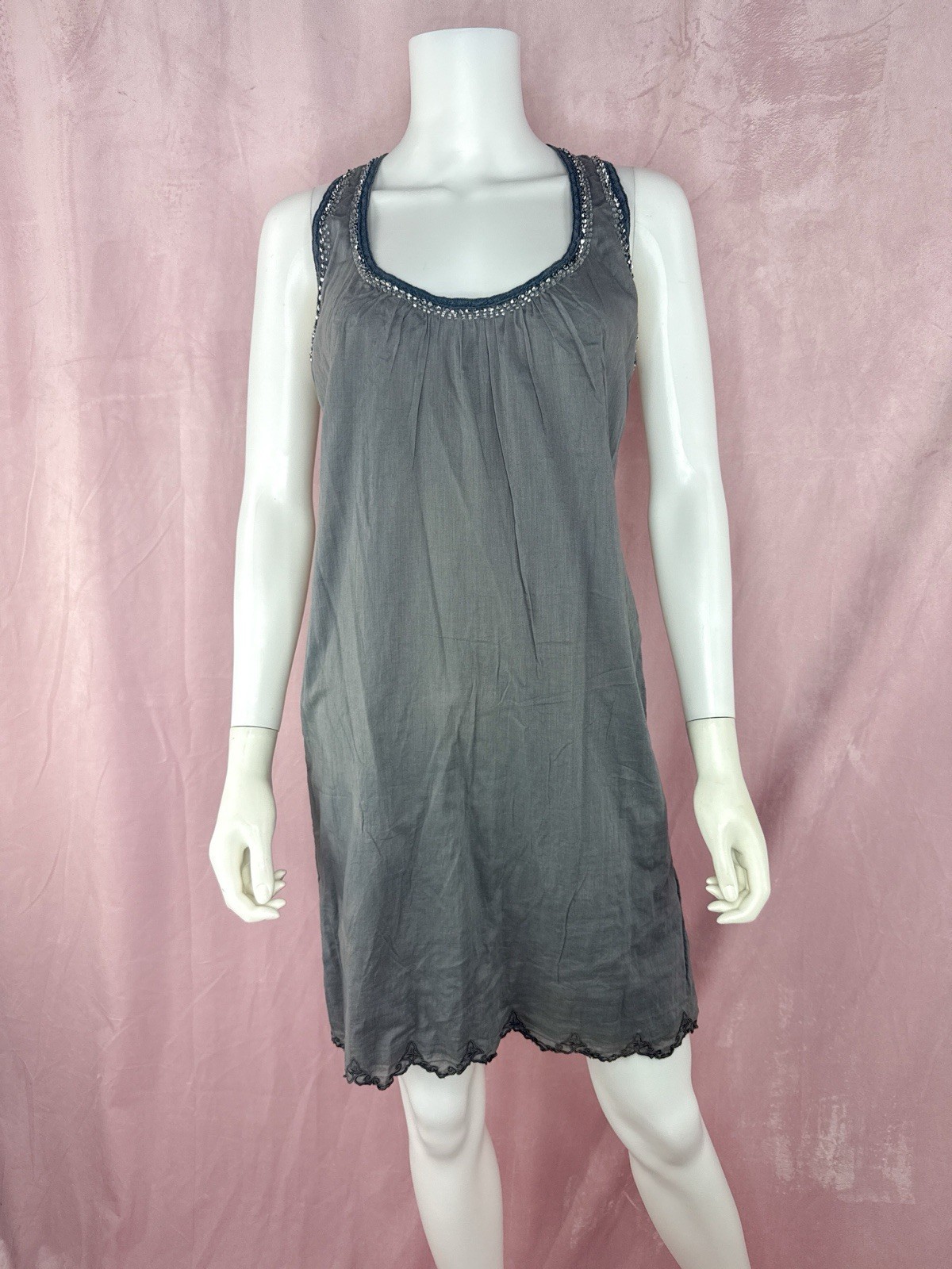 MATTY M Womens 100% Cotton Gray Beaded Halter Neck Dress Size Small Lace Boho