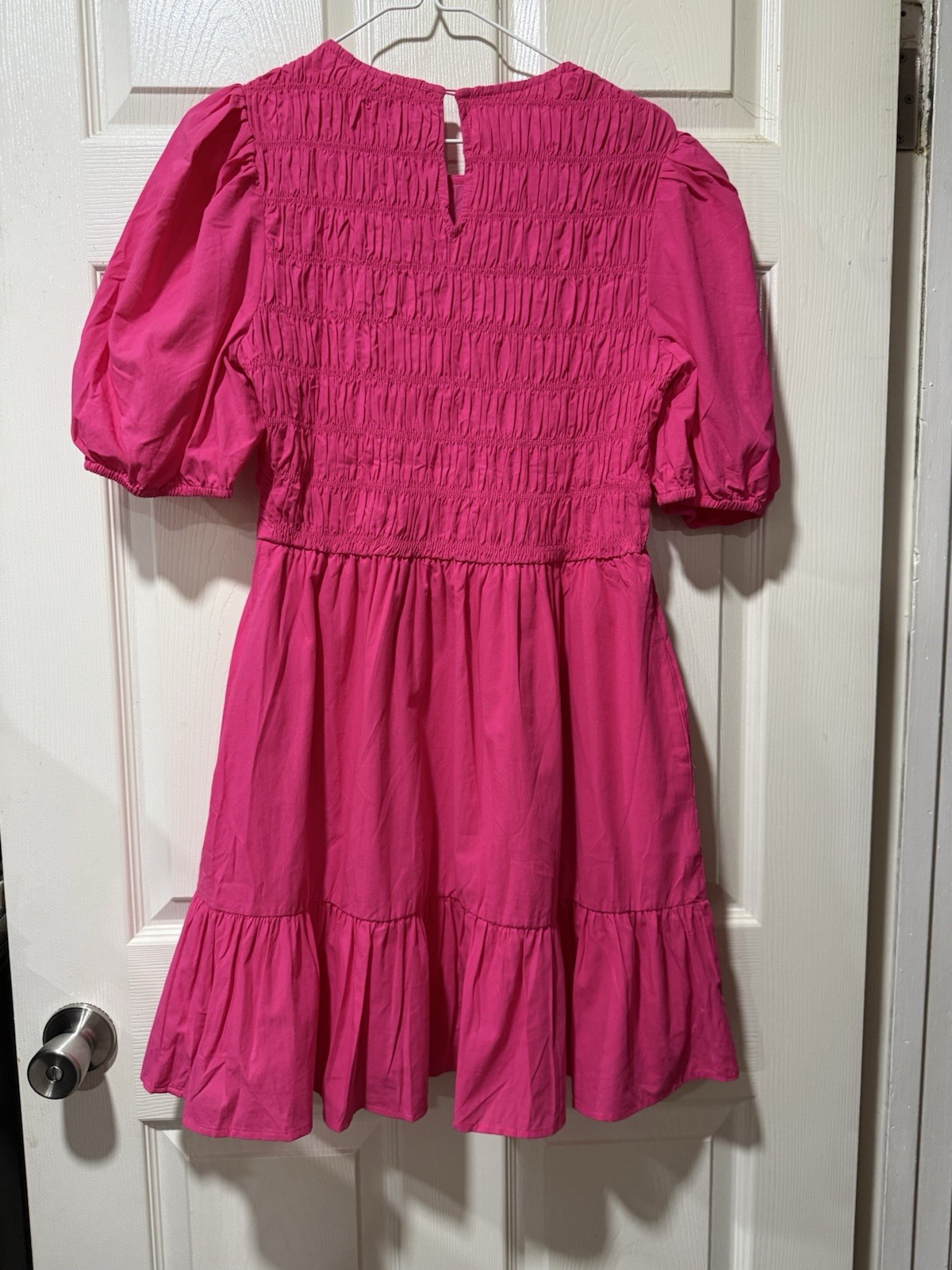 Entro Women’s Pink Solid A-Line Dress S 3/4 Puff Sleeve Smocked
