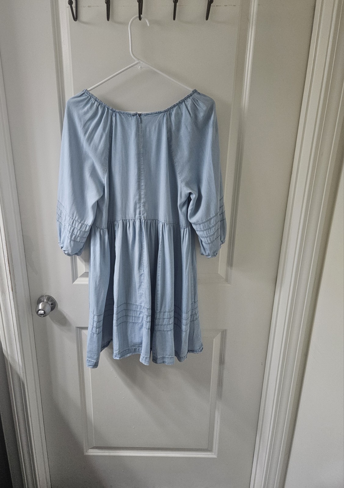 FOREVER 21 Denim Mini Dress Blue Solid V-Neck 3/4 Puff Sleeve Smocked Zip M