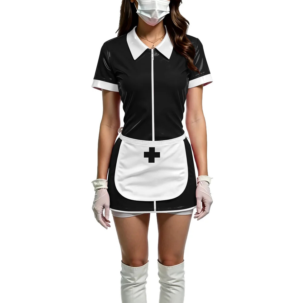 Shiny PVC Wetlook Nurse Apron Cosplay Dress Sexy Bodycon Halloween Mini Dress