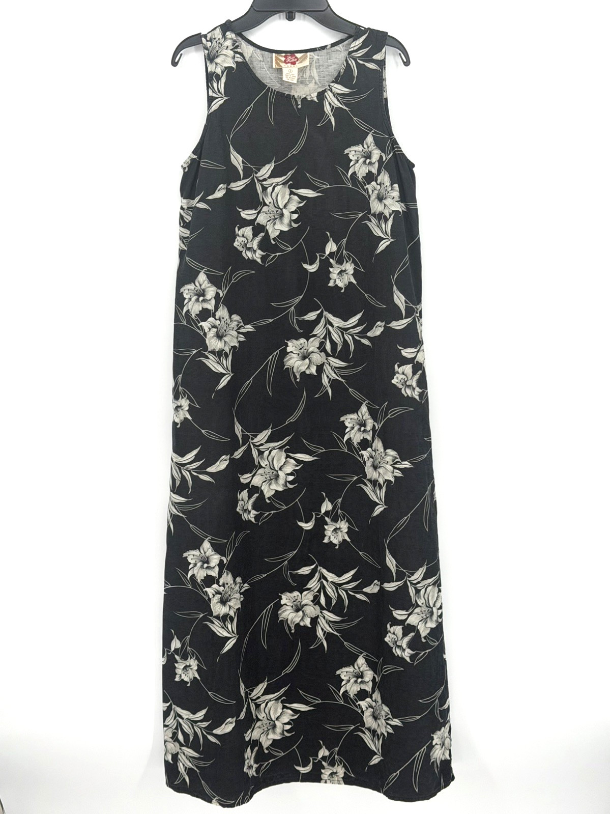 100% Black Silk Aloha Floral Ankle Length Dress Hilo Hattie Size 4