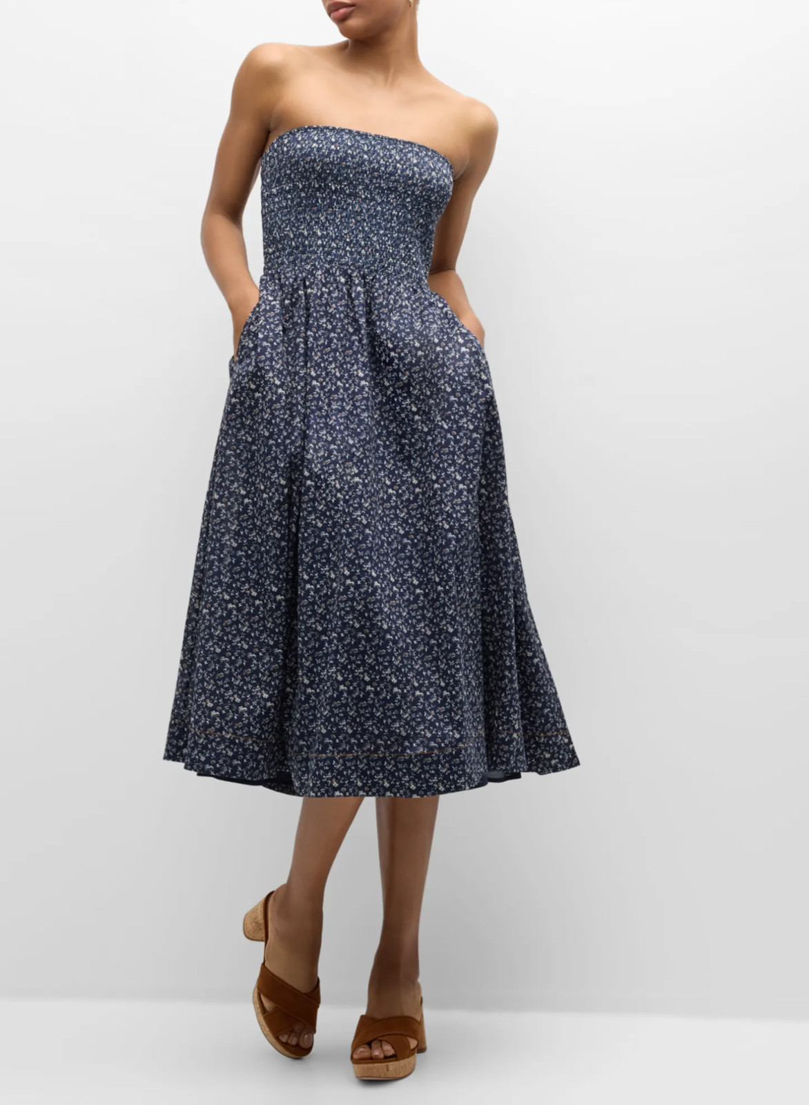 Veronica Beard Midi Dress Corneila Floral Smocked Strapless Cotton Size Medium