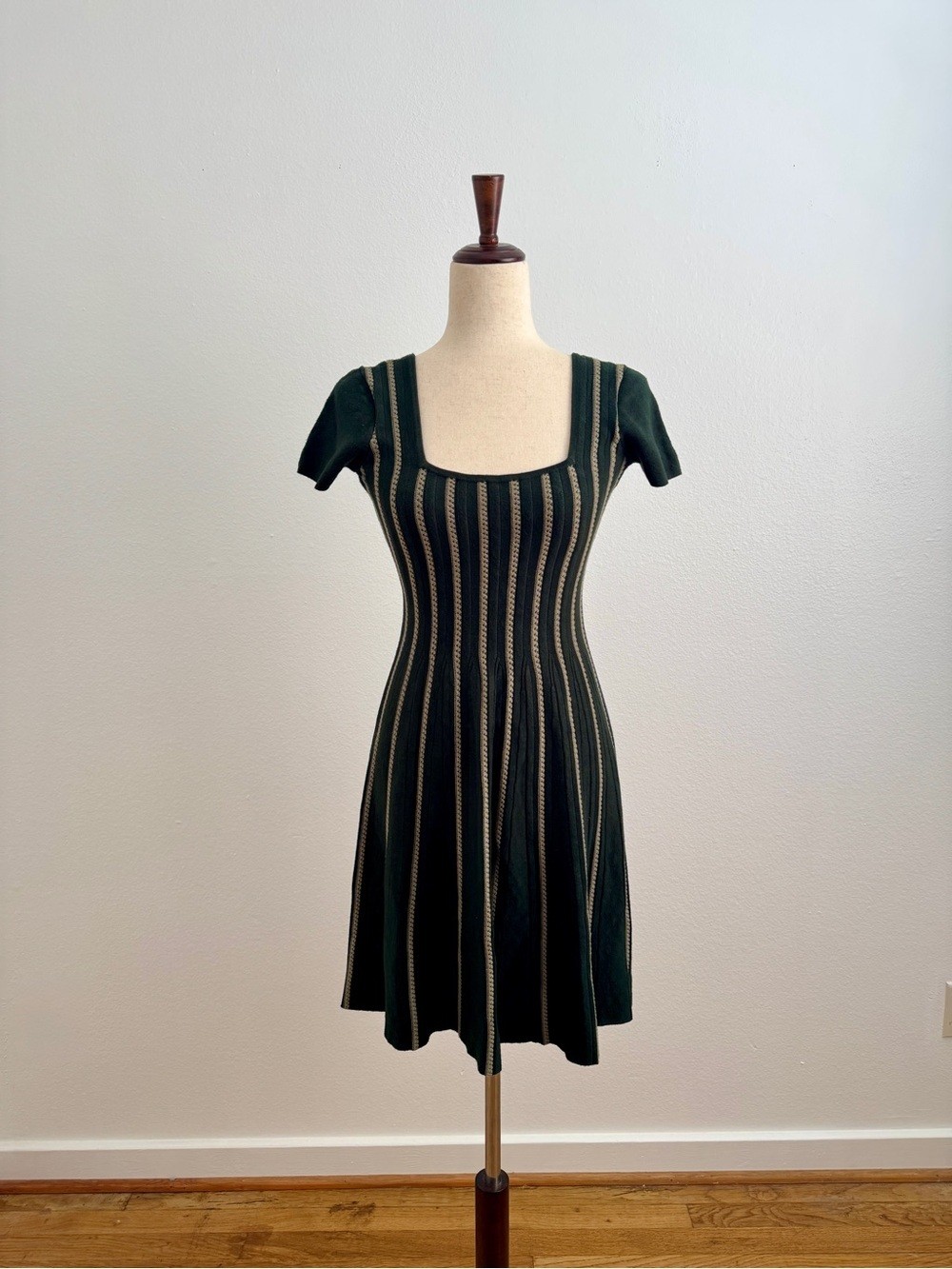 Guess Dark Green Knit Mini Dress with Cream Stripes