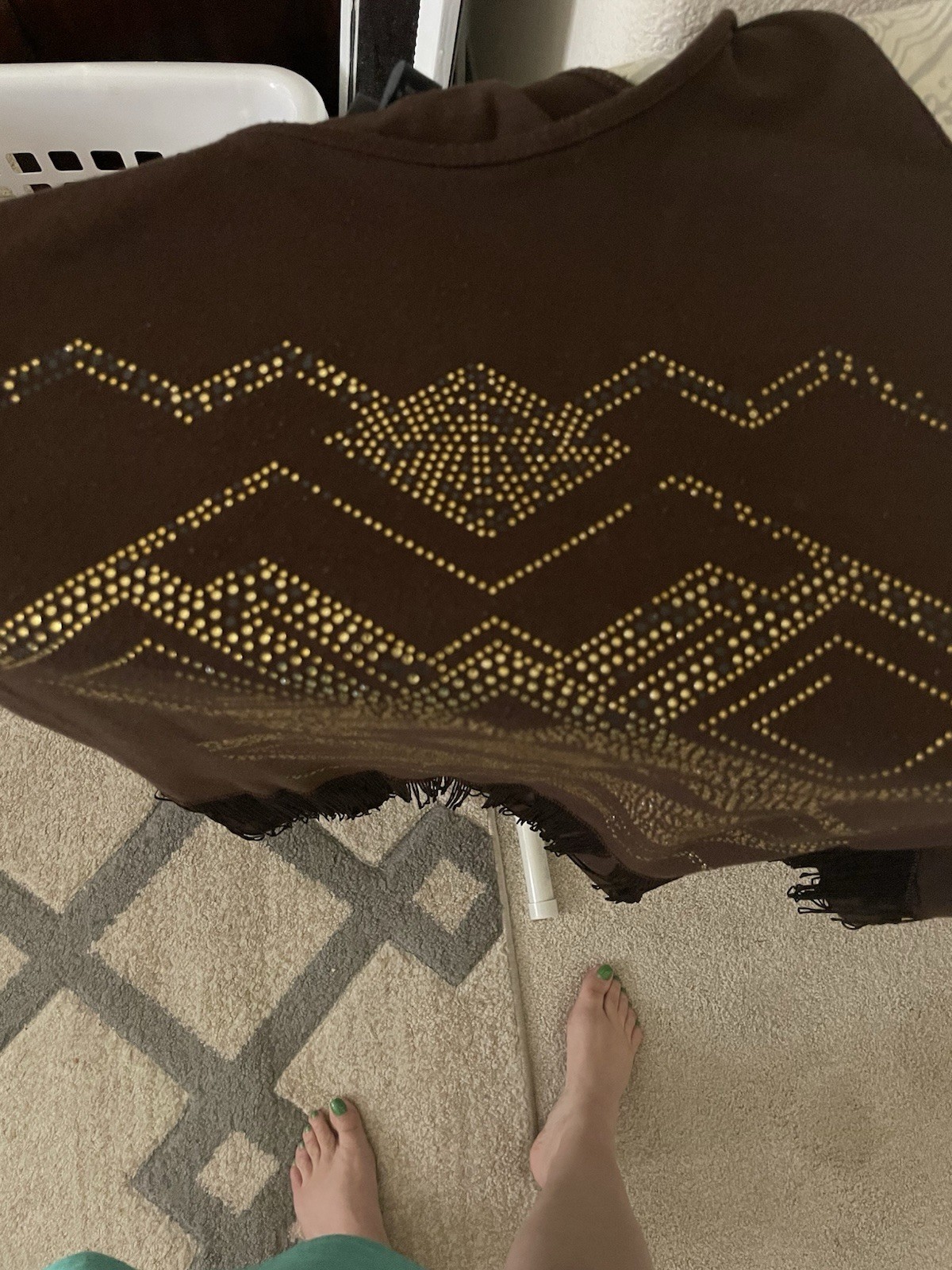 Dots Brown Fringe Dress Large Aztec Geometric Gold Rhinestone Studded Boho