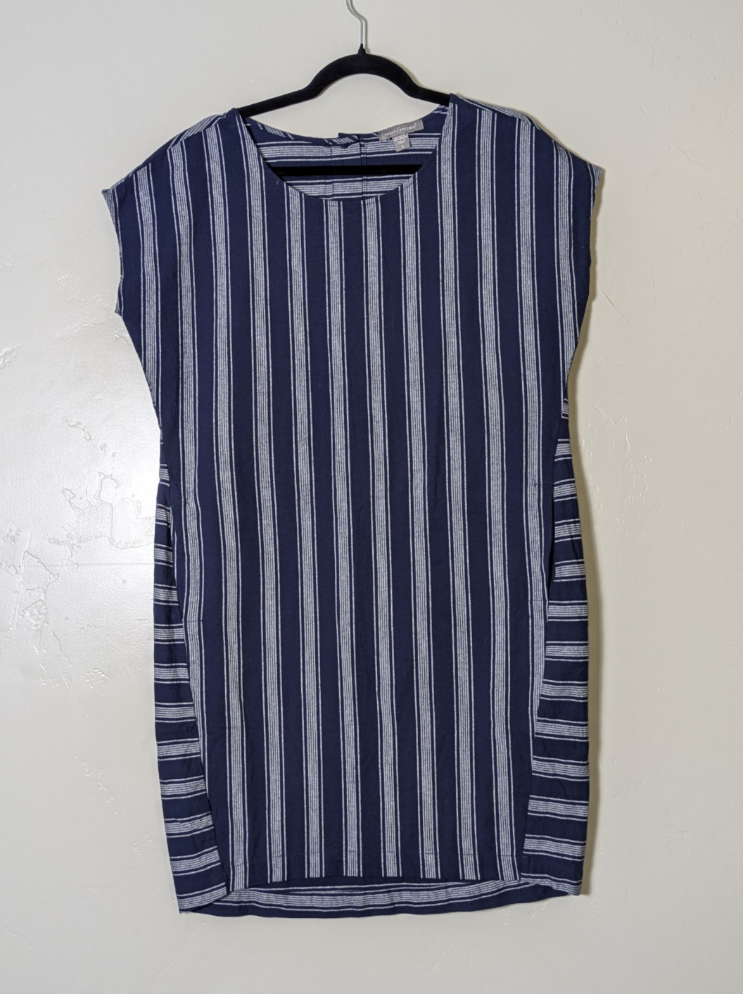 Peace & Pearls Dress Large Navy Blue Stripe Shift Dress Back Button Detail Coast