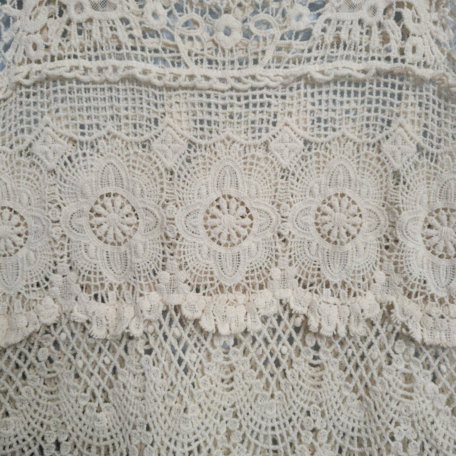 Ecru Crochet Tunic Mini Dress LG Tiered Festival Beach Cover Boho Festival Y2K
