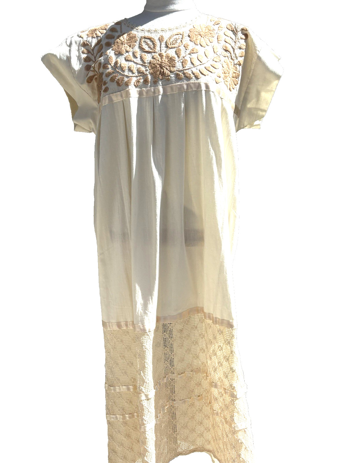 Vtg Ivory Taupe Oaxaca Mexican Hand Embroidered L/XL Dress Floral Lace Wedding