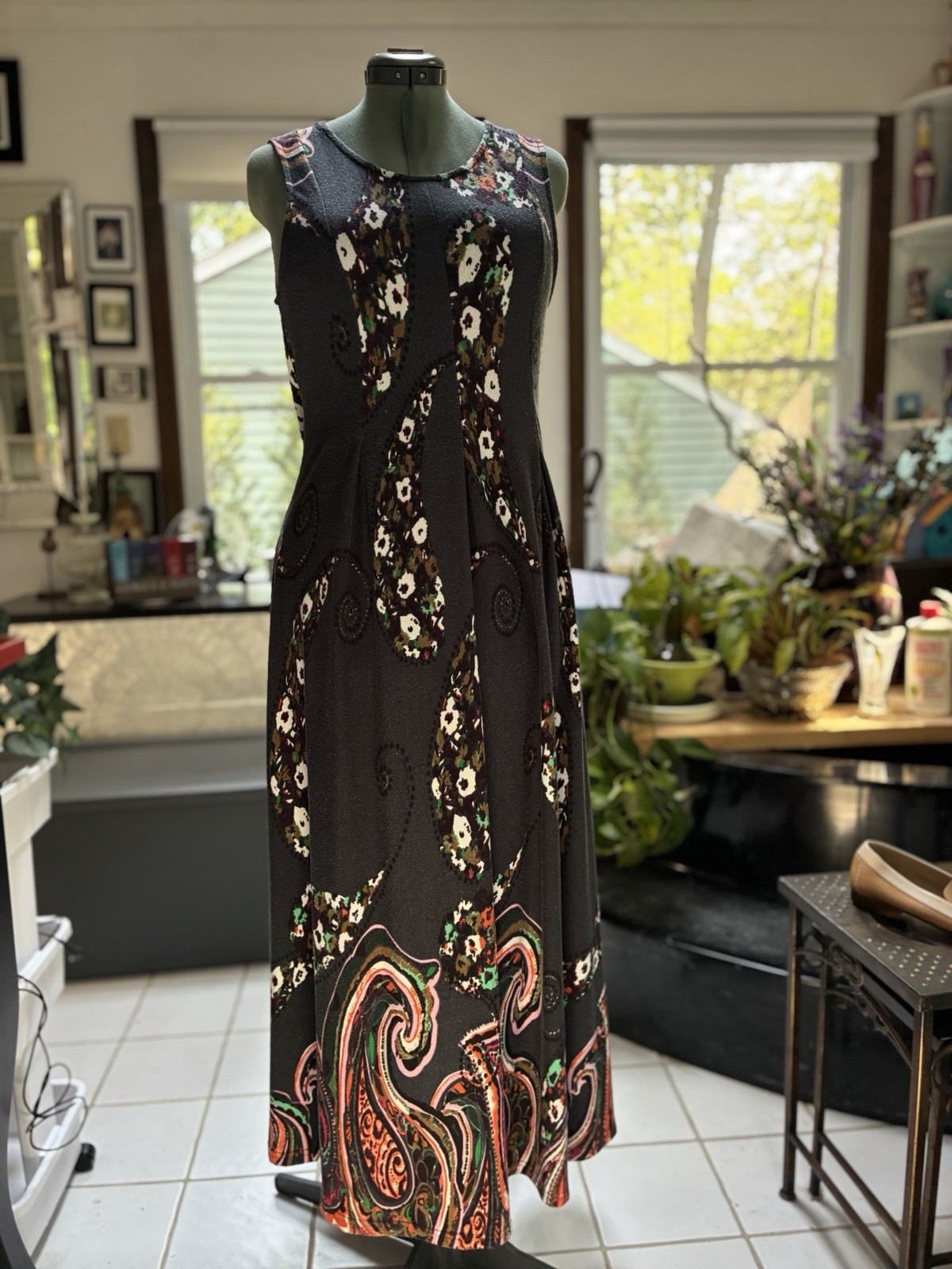 Reborn XL Paisley Floral Maxi Dress Boho Jersey Knit Fit Flare Sleeveless