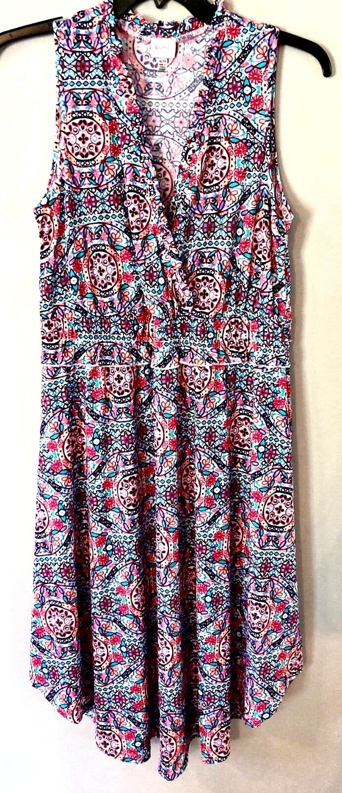 CUPIO WHITE PINK PURPLE GREEN PATTERN CURVED HEM SLEEVELESS MIDI DRESS, SIZE XL