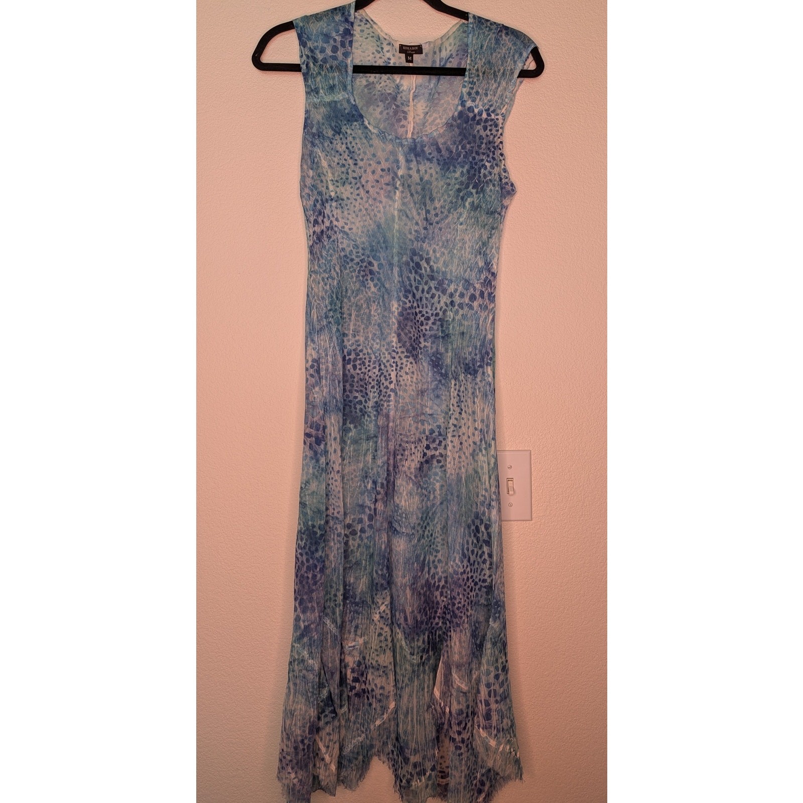 Komarov Blue Crinkle Chiffon Midi Dress Abstract M Travel Wrinkle Resistant Chic