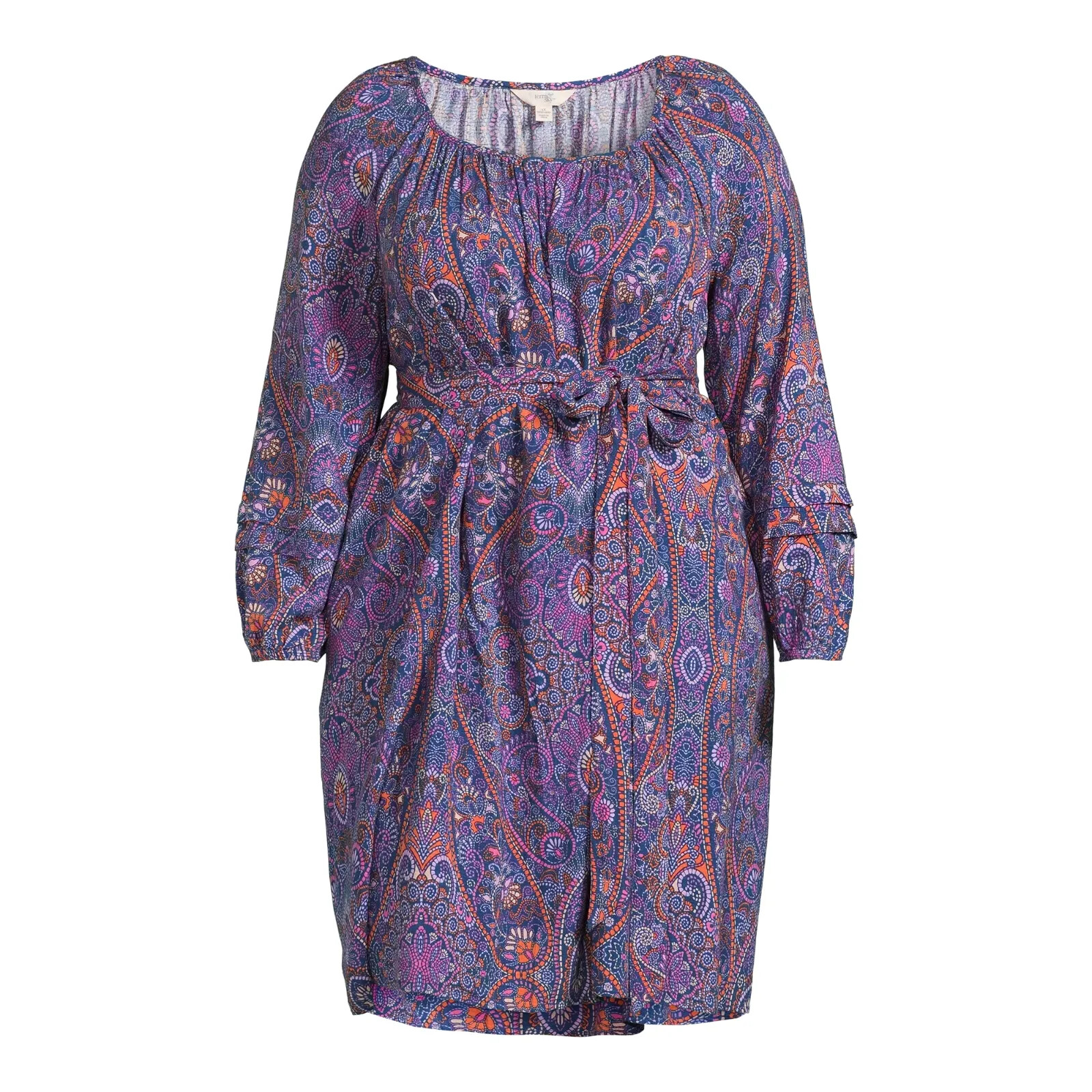 Terra & Sky Shirred Mini Dress Boho Paisley/Blue Comet etc. Sizes 0X, 2X,3X & 4X
