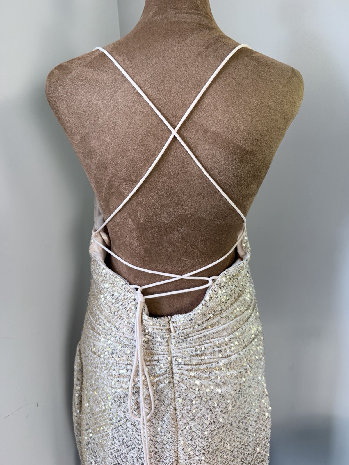 GB Gold Sequin Asymmetrical Hem Bodycon Mini Tie Back Dress Champagne Sz 13Party