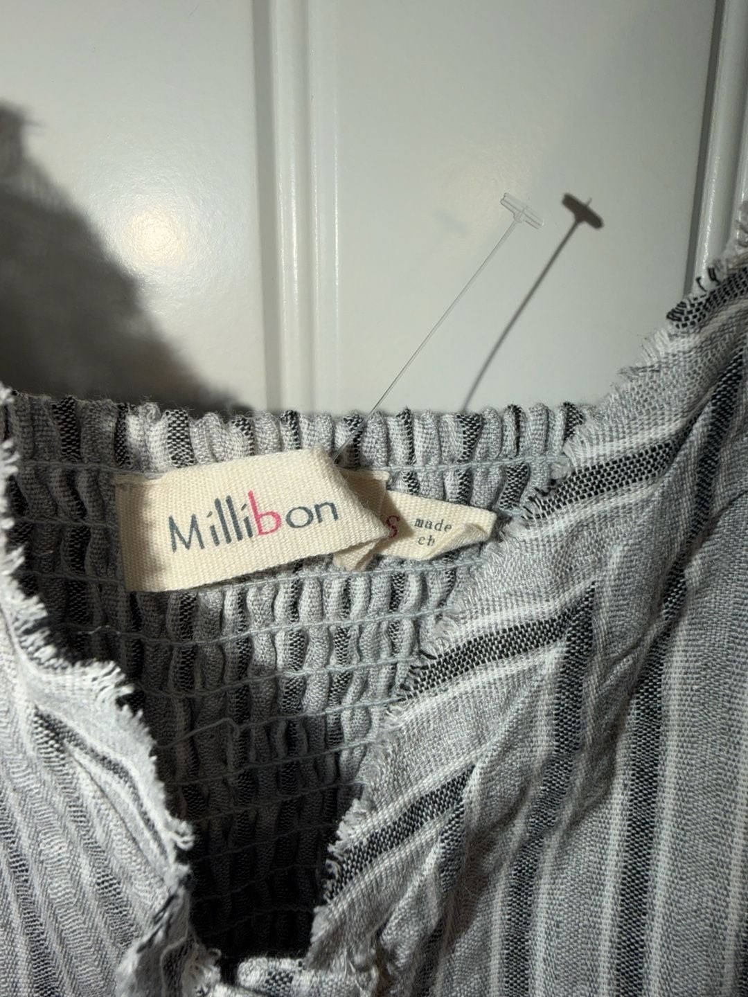 Millibon Grey and White Striped Button-Front Mini Dress with Frayed Edges
