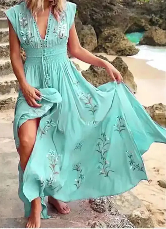 Dress Women Summer 2022 Fashion v-neck Floral Print Sleeveless Waist Strap