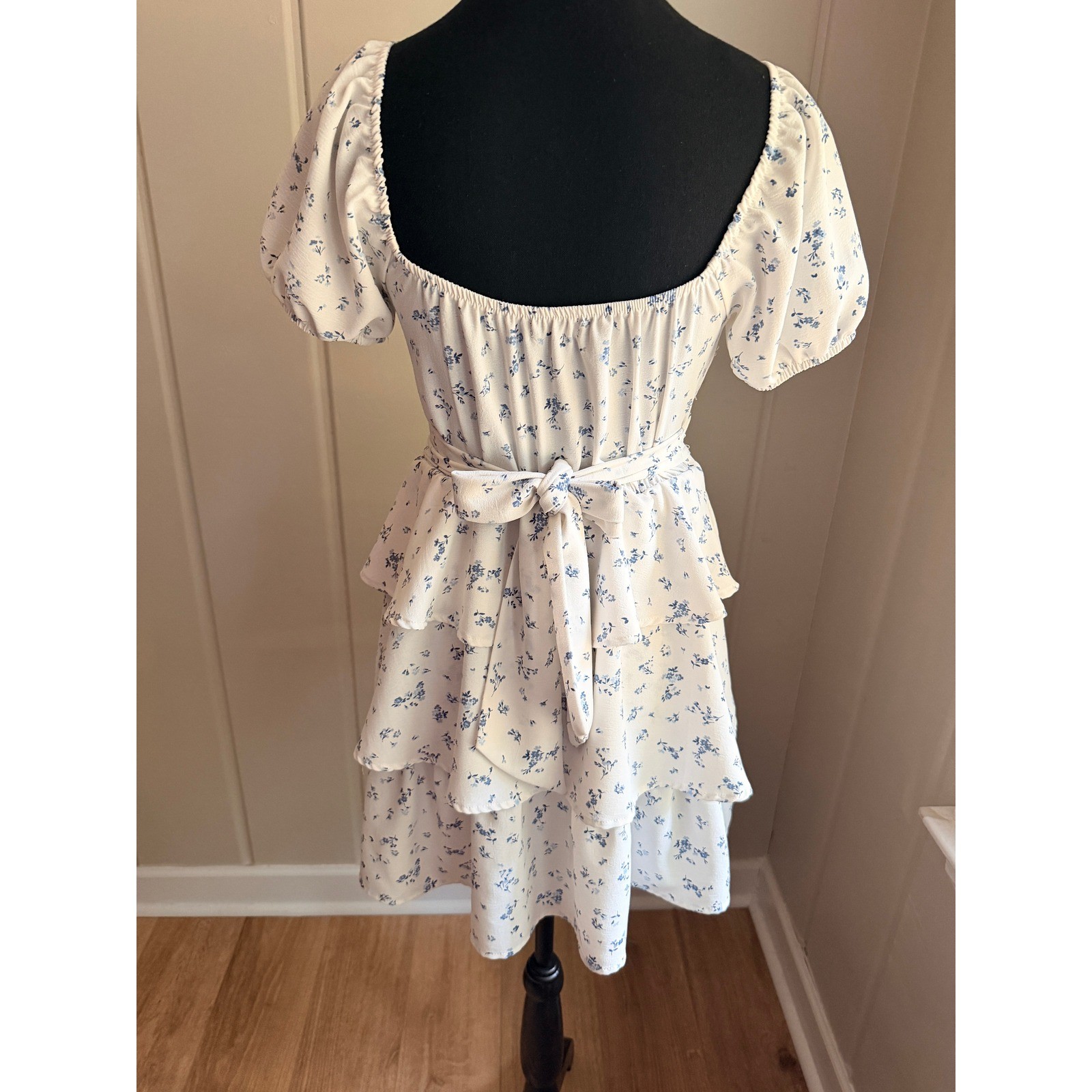 Originality Blue Floral Tiered Ruffle Mini Dress Cottagecore Puff Sleeve XS