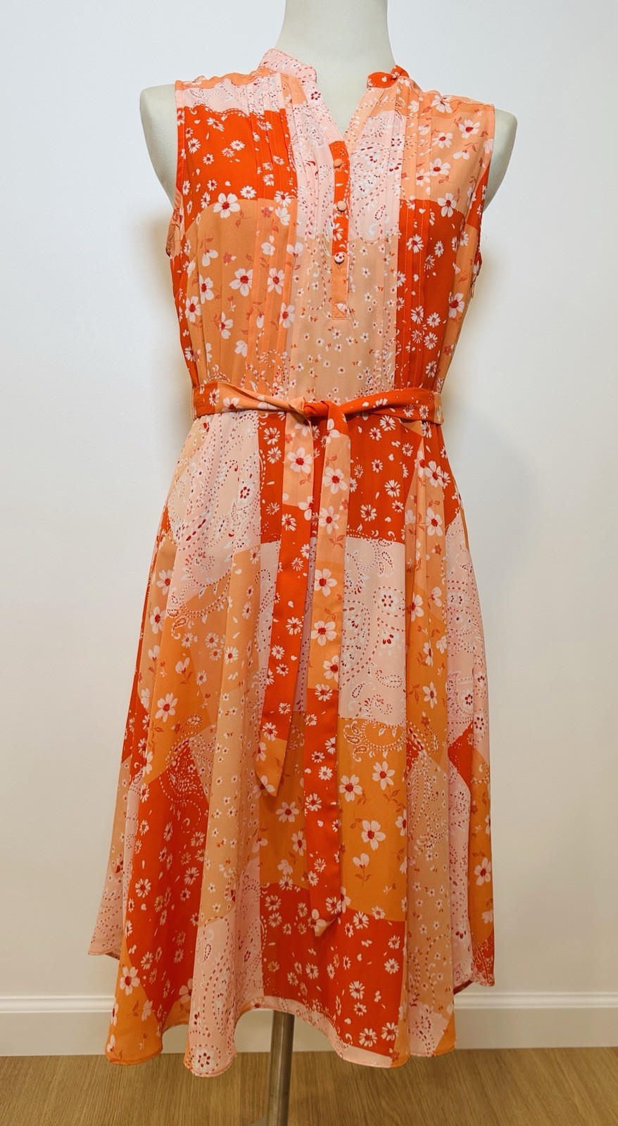 NANETTE LEPORE 10 M Orange Chiffon Floral Lined DRESS Fit Flare Retro