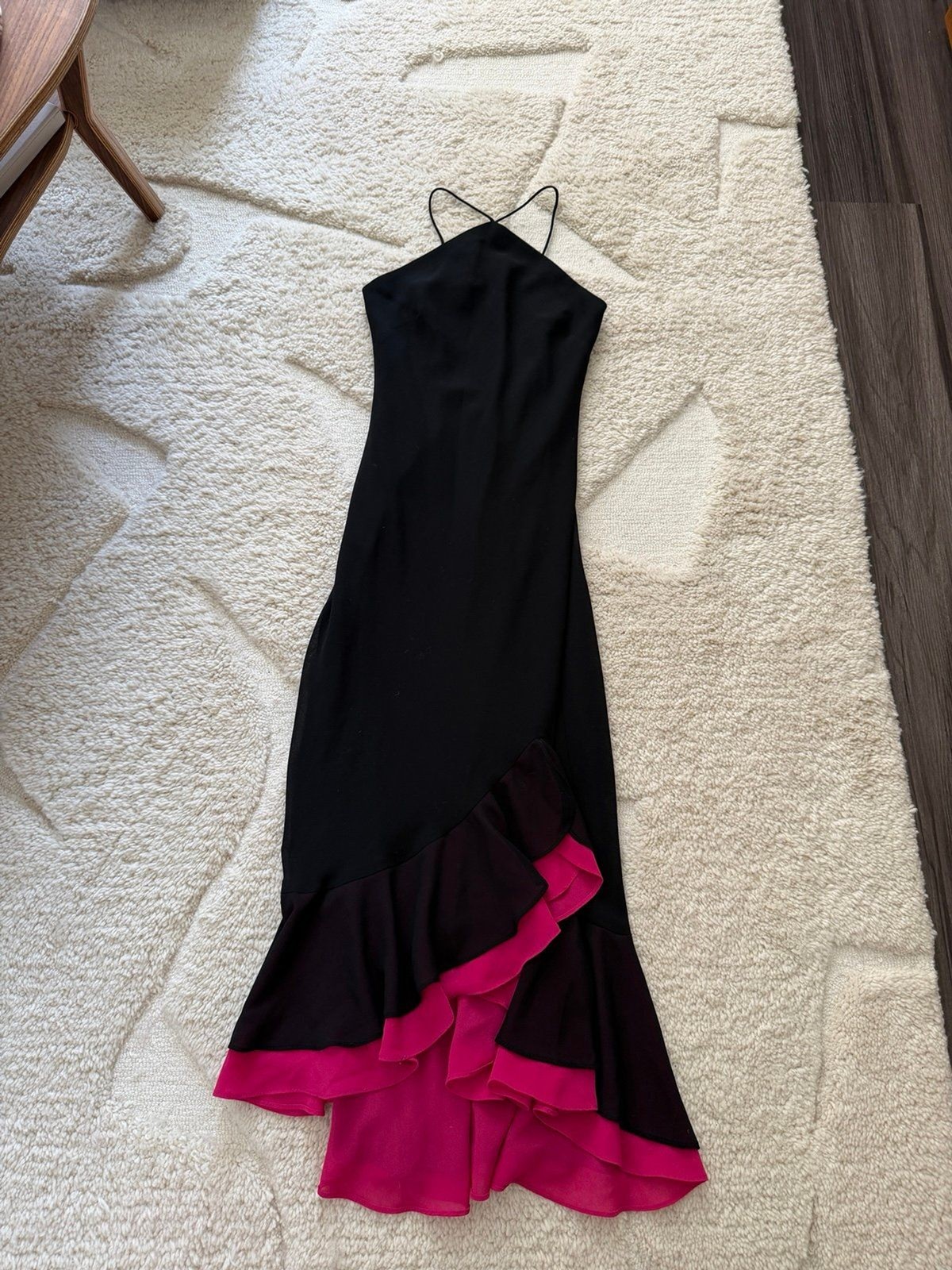 Vtg Y2K Blondie Nites by Jaslene Black Hot Pink Ruffle Halter Dress Gown Size 3