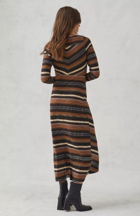Maeve Striped Wrap Midi Dress XS Textured Brown Black Gold 70s Mod Anthropologie