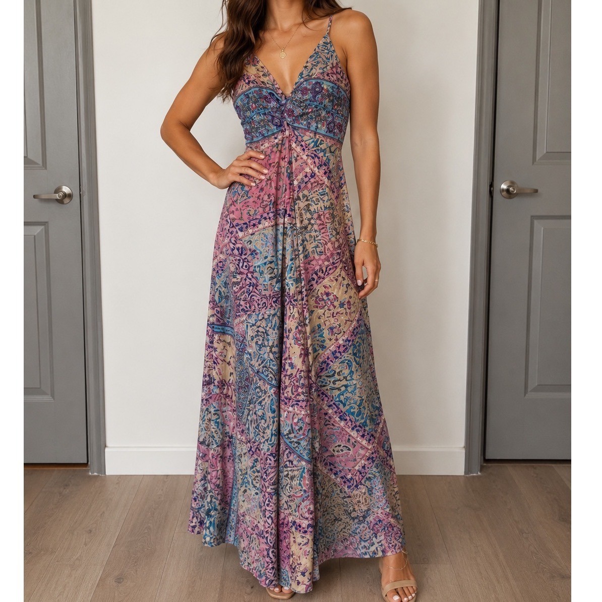 India Boutique Pink Blue Paisley Patchwork Boho Maxi Dress One Size bb