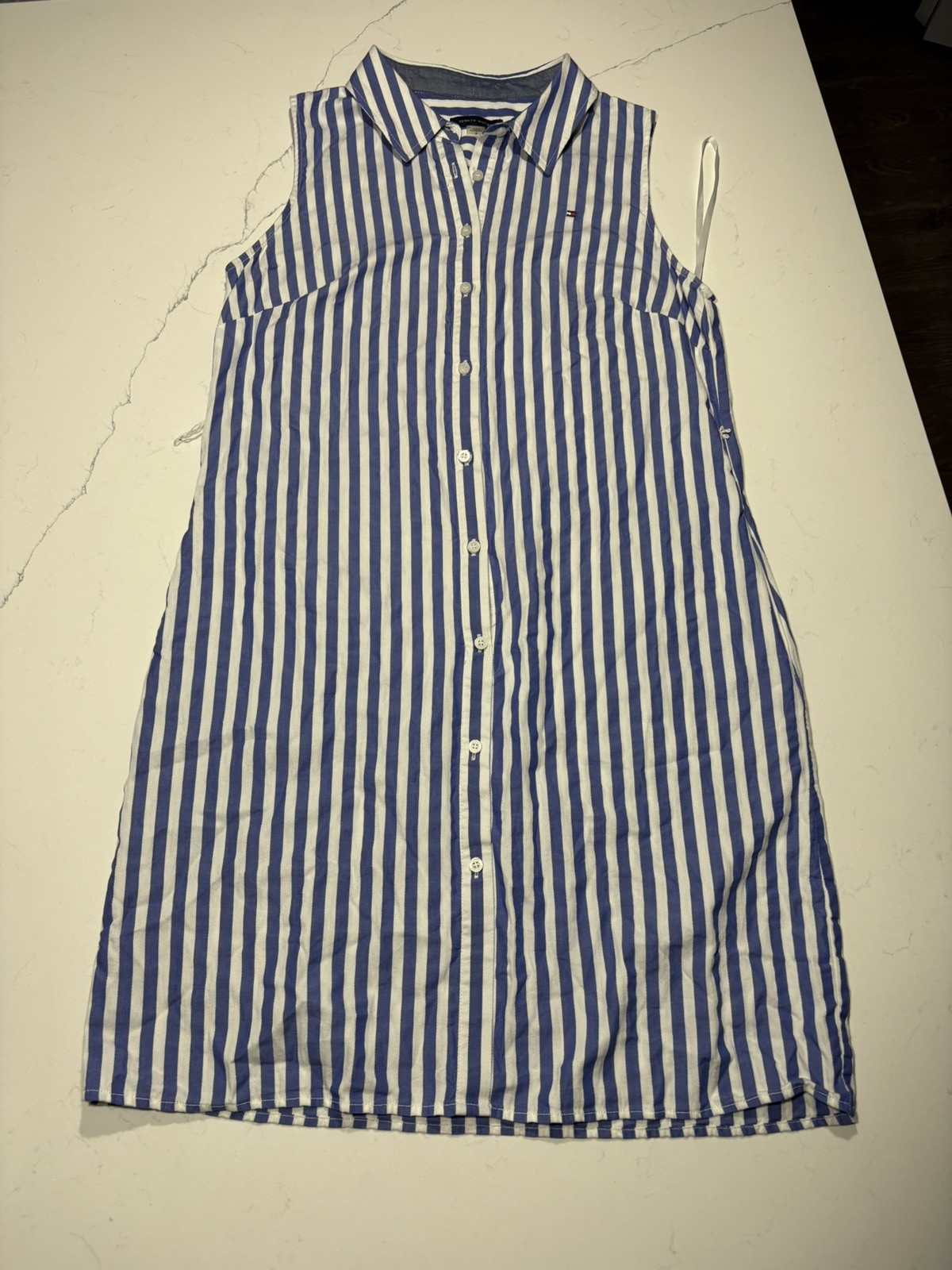 Tommy Hilfiger Striped Sleeveless Shirt Dress Blue White Button Front Size 8