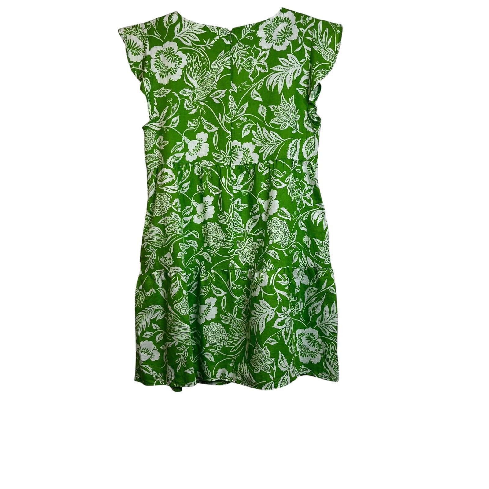 Goodthreads Green Floral Linen Blend Flutter Sleeve Tiered Mini Dress Womens M