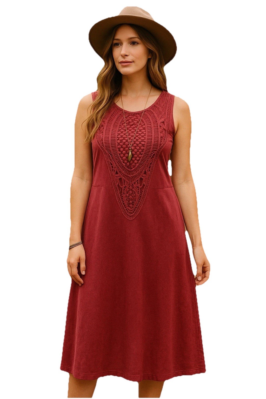 Signature Studio Boho Chic Crochet Wine Red Dress L Fall Winter Festival Style