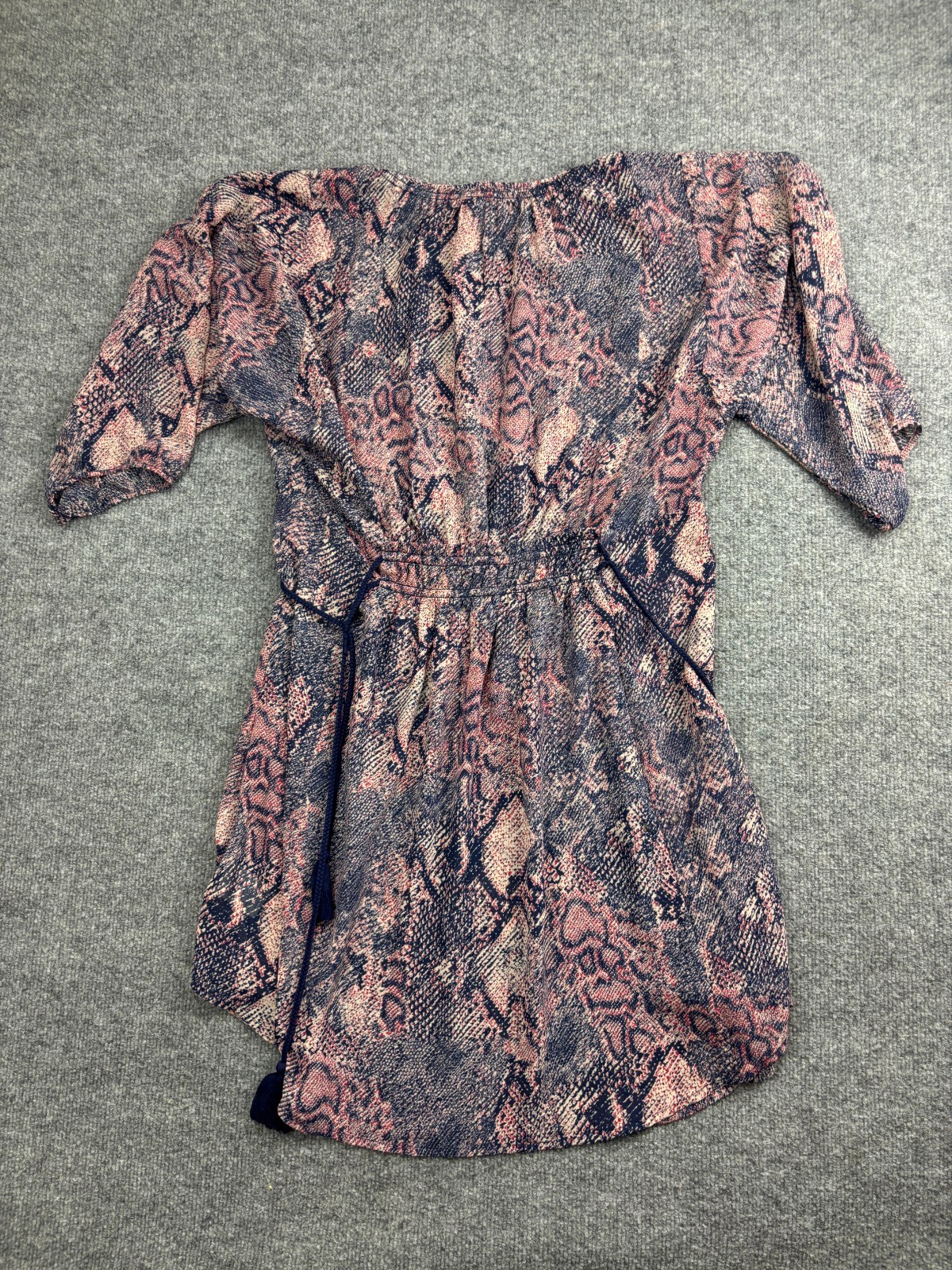 Floreat Dress Womens Small Blue Snake Animal Print Blouson Tassel Waist Mini
