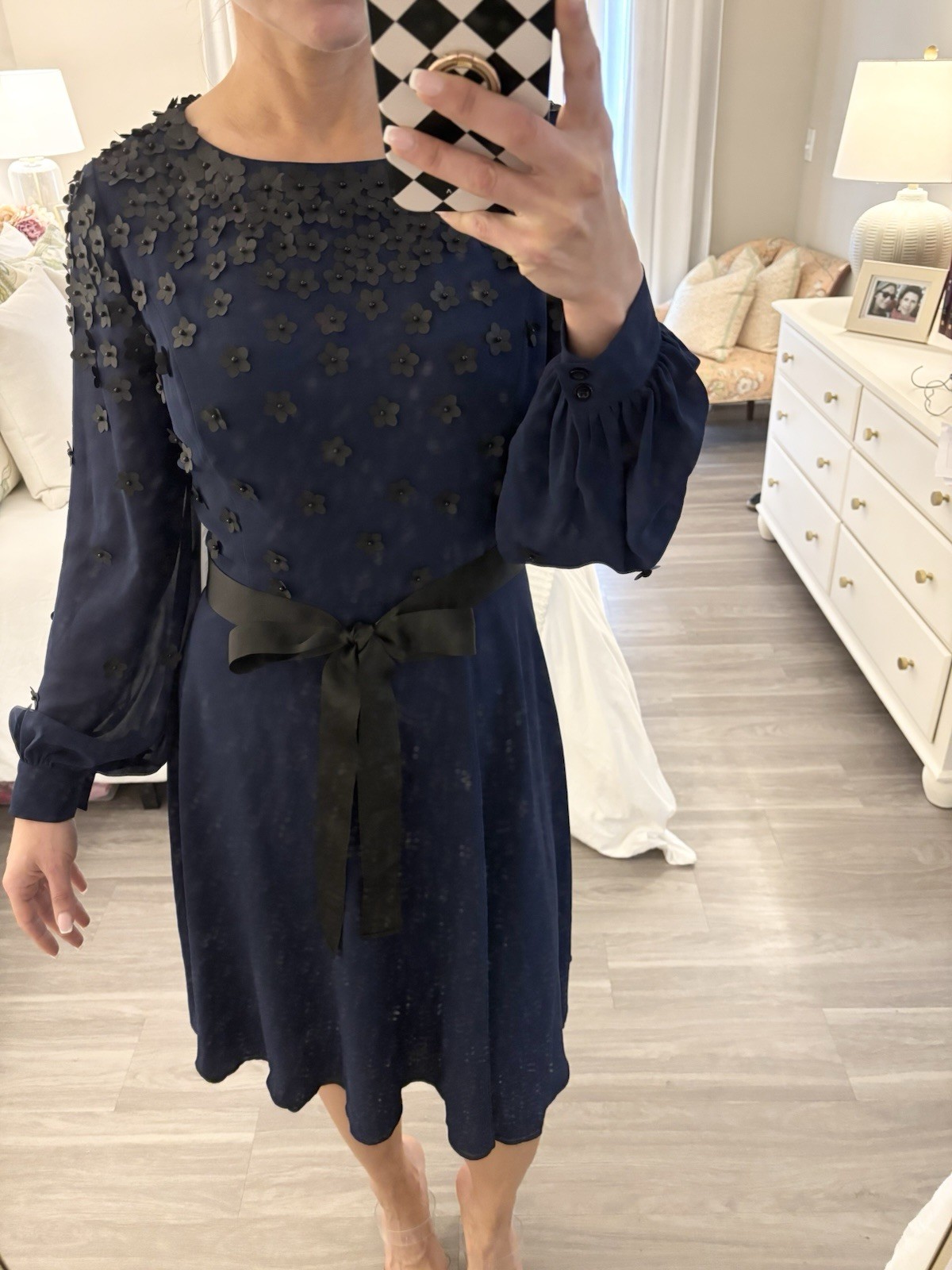 SHANI Blue/Black Floral Fit & Flare Knee Dress LS Boat Neck Bow 8 S-2234